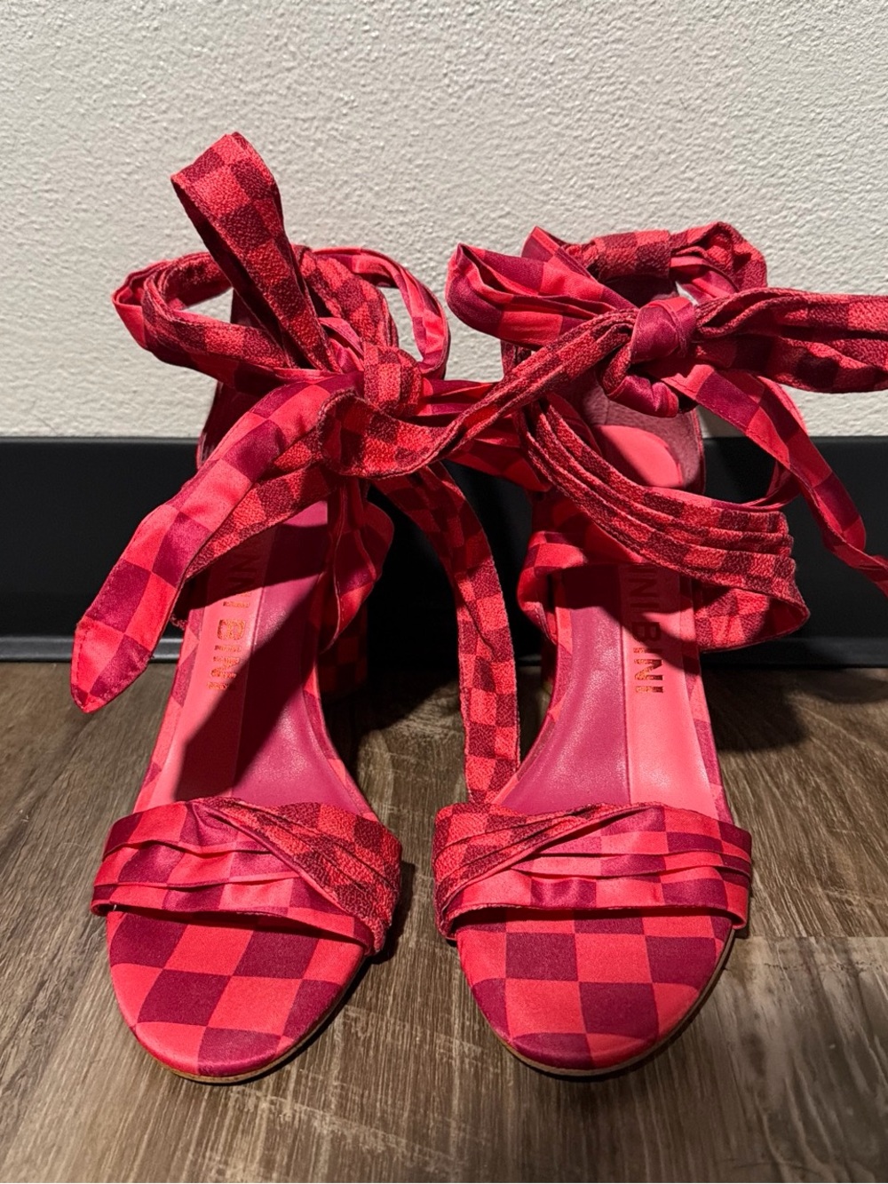 Gianni Bini Pink/Coral Checkered Ankle-Tie Women's Sandals